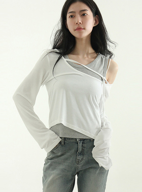 韩国代购25A/W boat neck strap silket tee 设计师宽领露肩长袖T