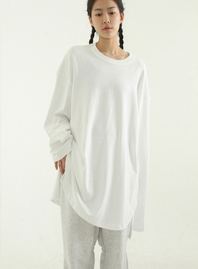 韩国代购unbalanced cotton long tee不对称长袖t恤衫宽松垂感女