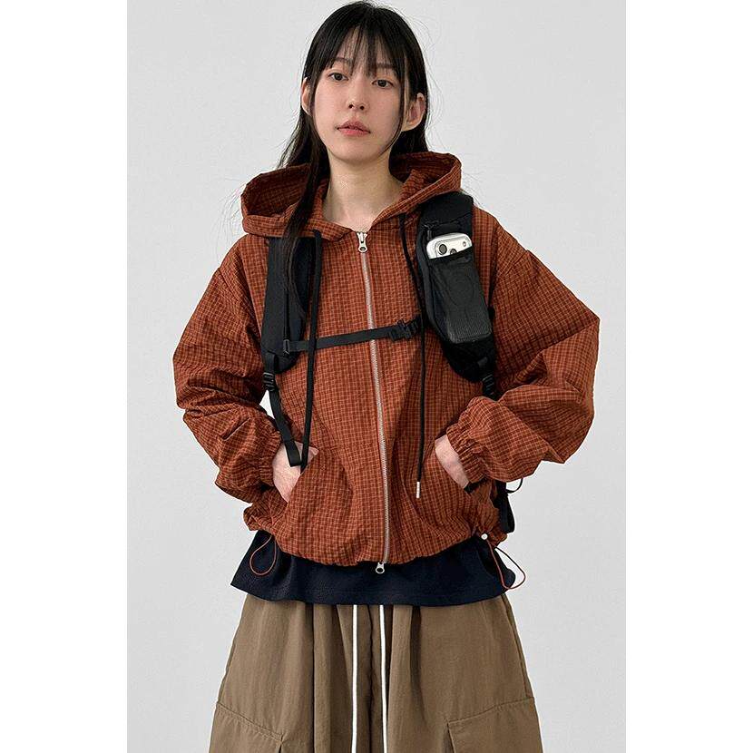韩国代购26 check paper 2way hood zip-up 设计师款格纹连帽衫