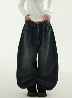 韩国代购24F/W dark blue string balloon wide jean 深蓝牛仔裤