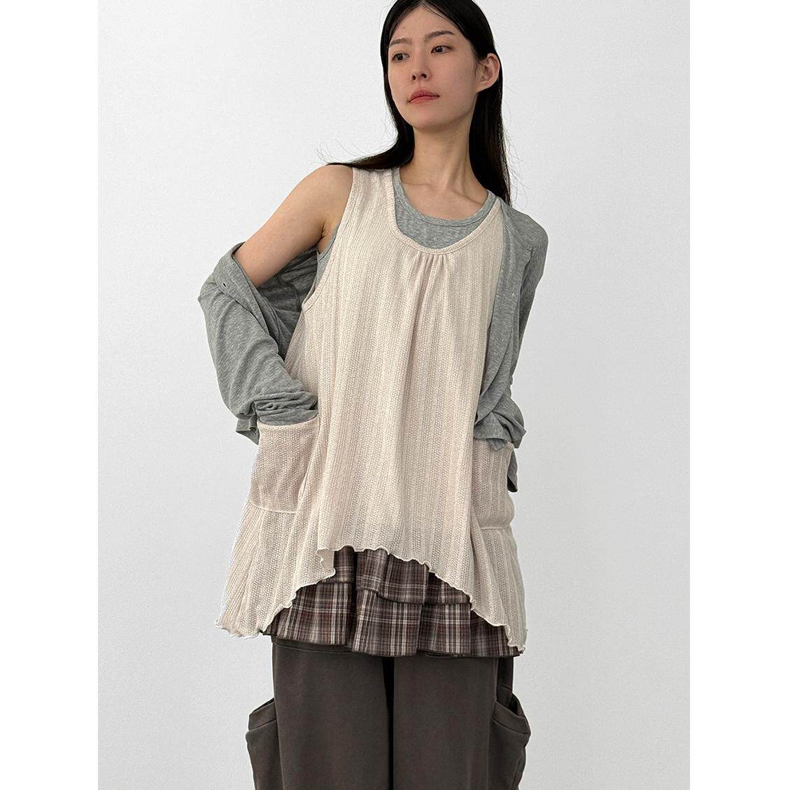 韩国代购26 check layered sleeveless mini ops 拼接迷你连衣裙