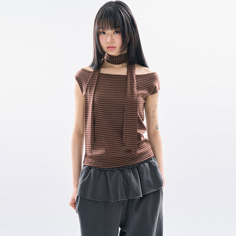 韩代Raucohouse Thira stripe 2-way tee条纹无袖T恤背心围巾组合