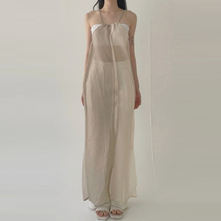 two dress双色微透长款 tone through 吊带连衣裙 see adelio韩代