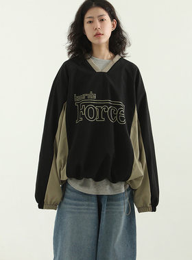 韩国代购22F/W fleece-lined paper printed 拼接卫衣男女休闲v领