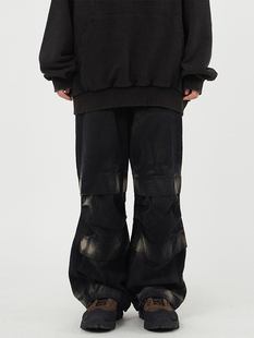 flap dirty washed 韩代Raucohouse pants裤 knee banding Double