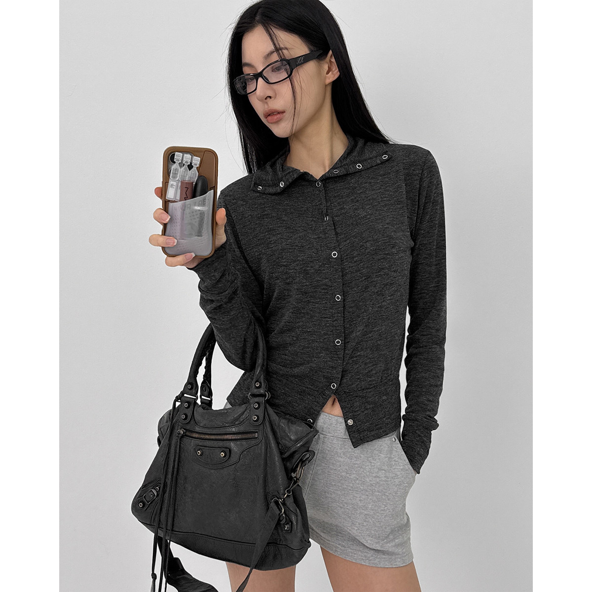 韩国代购26 Longle High-neck Eyelet Cardigan 长袖系扣开衫