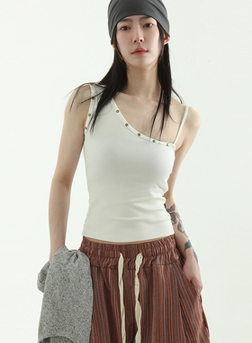 韩国代购25S/S stud unbal sleeveless top 设计师款铆钉吊带背心