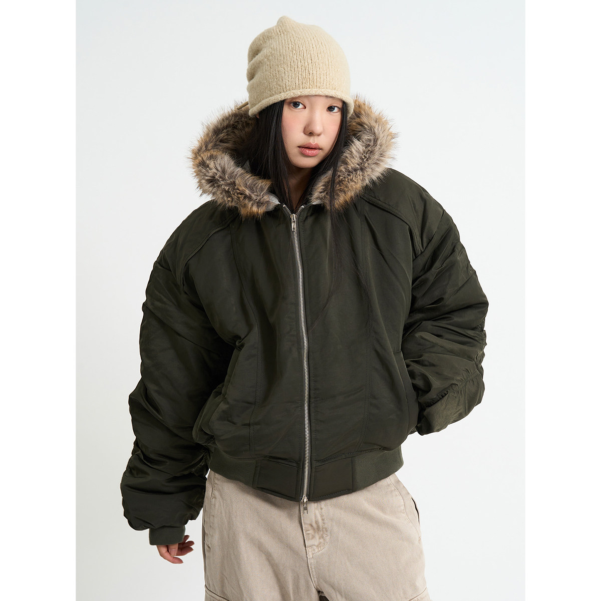 韩代Raucohouse Flight Padding Fur Hood Jumper 连帽棉服外套