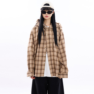 韩国代购Raucohouse Ebor hooded over check shirt兜帽格子衬衫