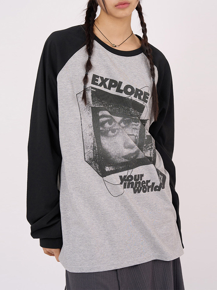 韩代Raucohouse Explore printed raglan long sleeve拼色长袖T恤
