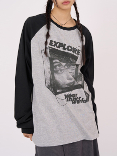 韩代Raucohouse Explore printed raglan long sleeve拼色长袖T恤