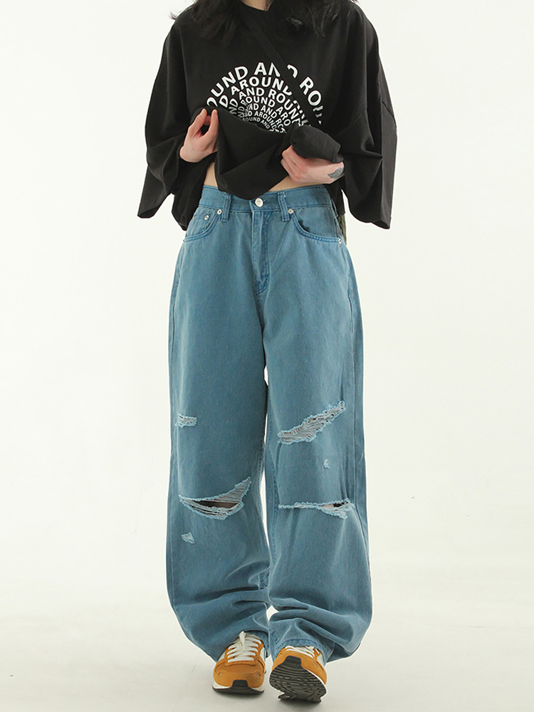 韩国代购23S/S pigmented cutting pants 做旧割破牛仔裤百搭休闲