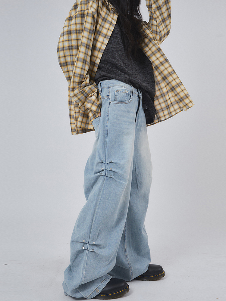 Raucohouse韩代宽松捏褶牛仔裤