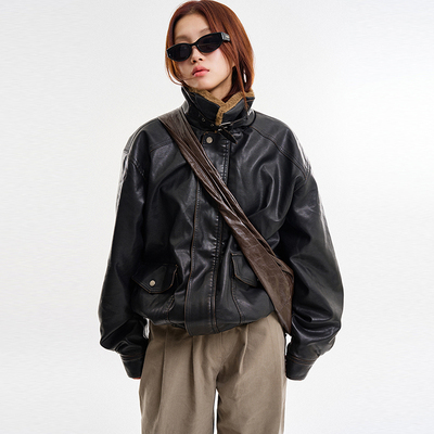 Raucohouse韩代翻领pu夹克外套