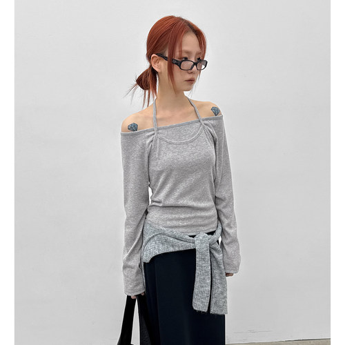 BLACKUP韩代假两件挂脖长袖T恤