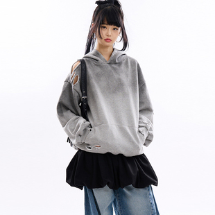 韩代Raucohouse Groovy cut out dirty washed hoodie 破洞卫衣