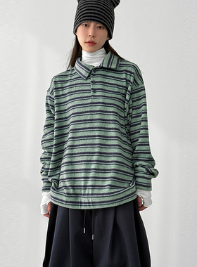 韩代25 stripe unbal collar neck fleece tee (unisex)斜领长袖T
