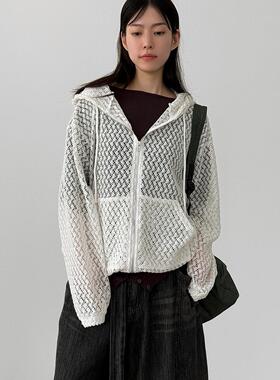 韩代26S/S ethnic lace punching knit hood zip-up 镂空针织开衫