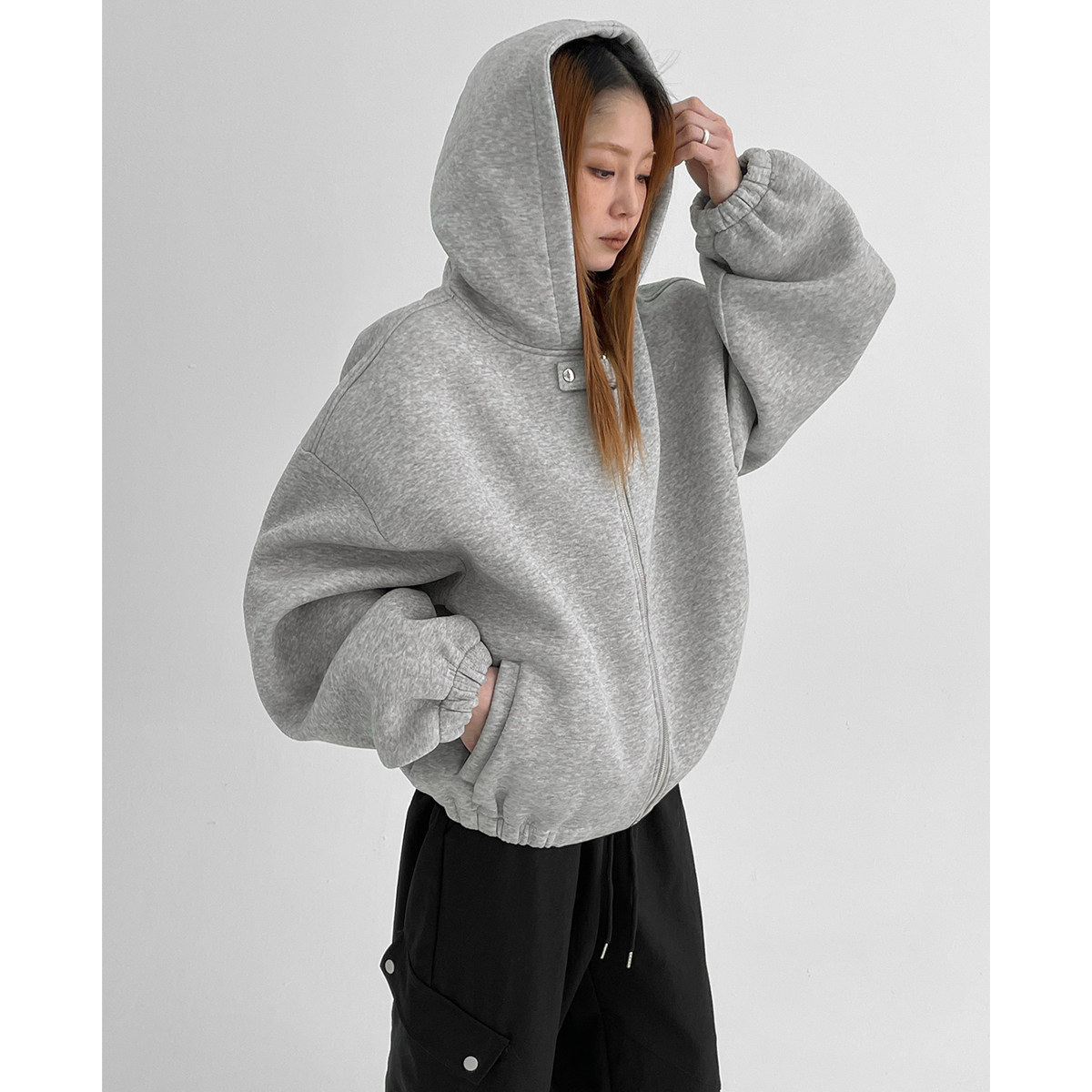 韩国代购26 (UNISEX) Ahong Snap Button Hooded Zip-up 拉链帽衫