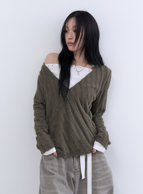 lowear韩代 hairy diagonal button tee 设计师款条纹长袖针织衫