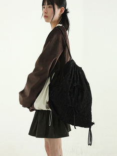 韩国代购24A/W ribbon pleated back pack 蝴蝶结抽绳背包复古女