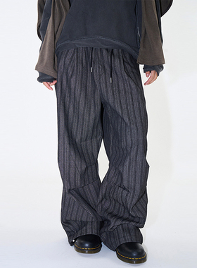 韩代Raucohouse Reto stripe pintuck pants 线条宽松休闲长裤女