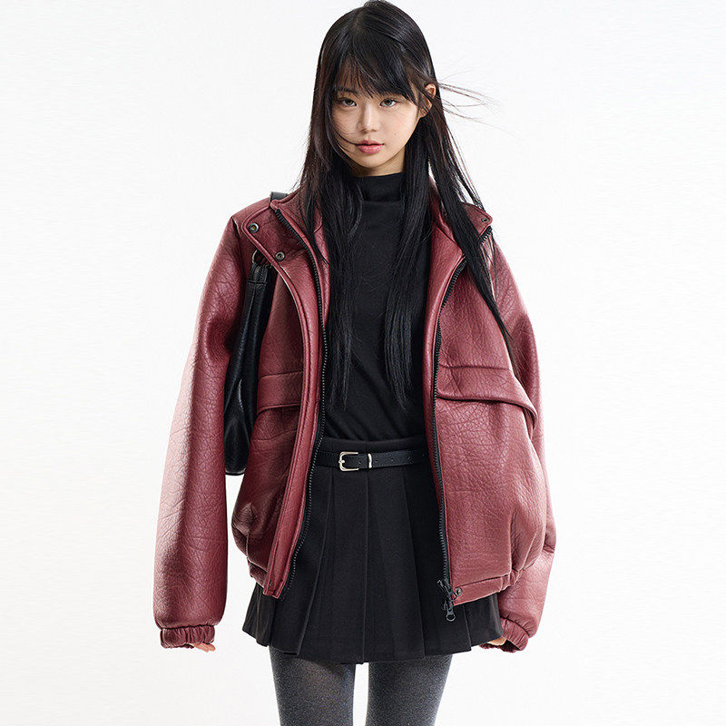 韩国代购 Raucohouse Puff raglan texture leather jumper 夹克