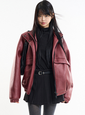 韩国代购 Raucohouse Puff raglan texture leather jumper 夹克