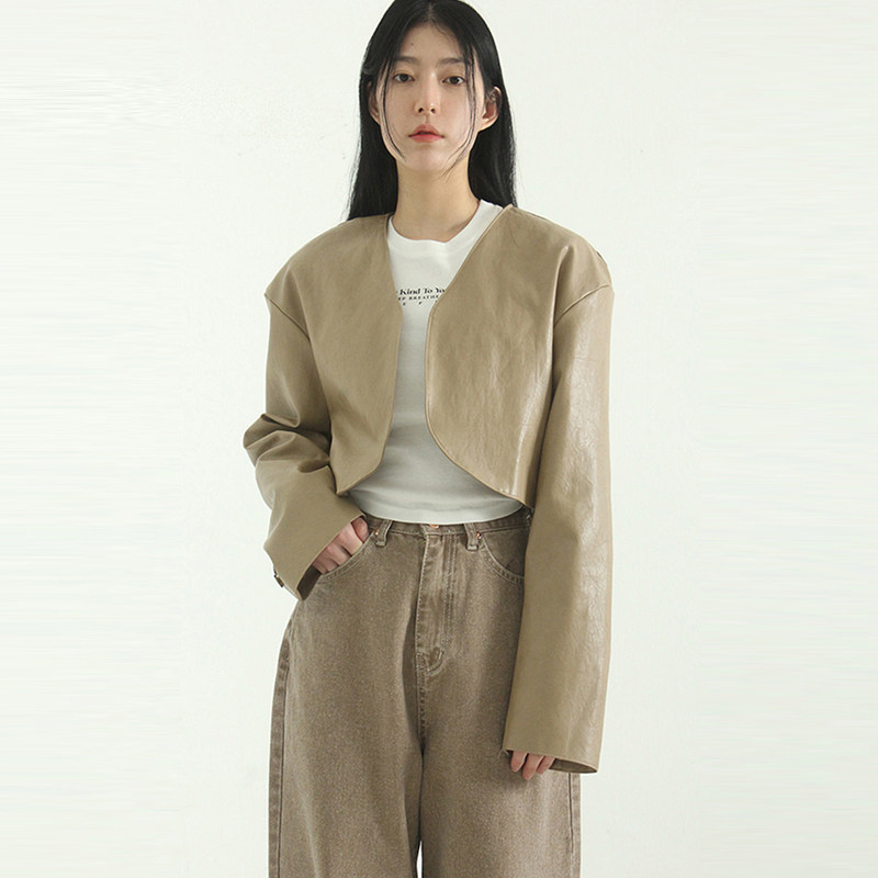 国内现货 cracked leather bolero 设计师长袖复古夹克短外套百搭