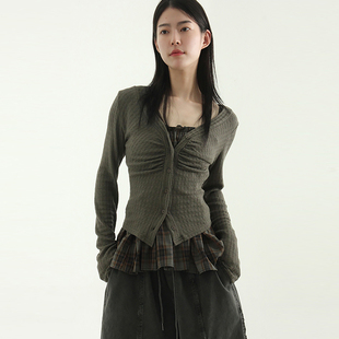 neck 上衣百搭 V领开衫 韩国代购 设计师款 shirring cardigan