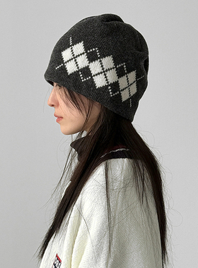 韩国代购25F/W argayle wool knit beanie设计师菱格针织筒帽冷帽