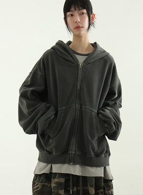 韩国代购24 pigmented cotton hood zip-up (unisex)做旧拉链帽衫