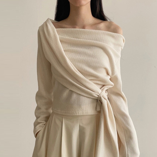 adelio韩代 off strap tee 设计师款褶皱一字肩修身长袖T恤