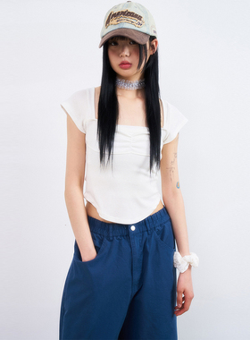 韩代Raucohouse Drama shirring square-neck crop T-shirt T恤