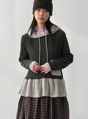 韩国代购26A/W stripe pocket frill hoody 条纹长袖连帽上衣百搭
