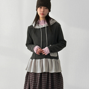 韩国代购26A/W stripe pocket frill hoody 条纹长袖连帽上衣百搭