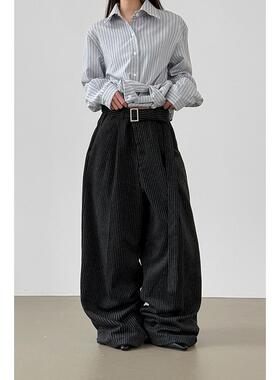 韩国代购26 belted stripe wool slacks 设计师复古竖纹长裤宽松
