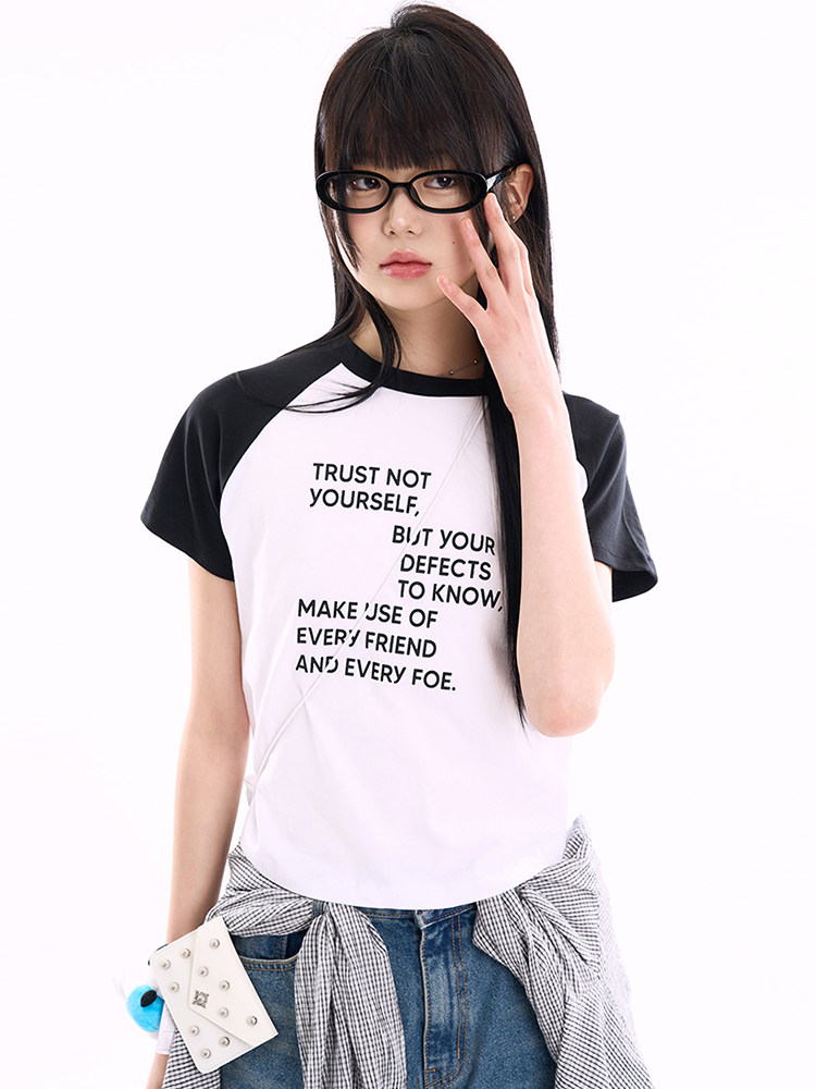 韩代Raucohouse Trust lettering raglan T-shirt字母拼色短袖T恤