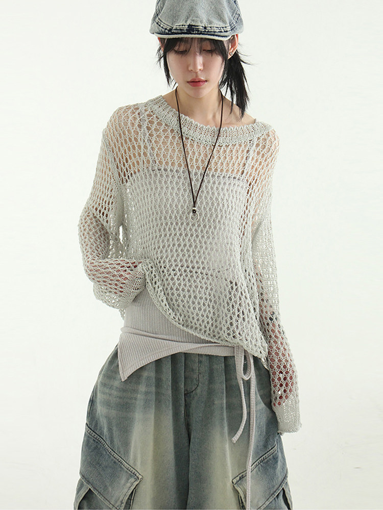 韩国代购24S/S punching knit 设计师款宽松网眼针织毛衣复古百搭