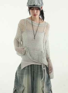 韩国代购24S/S punching knit 设计师款宽松网眼针织毛衣复古百搭