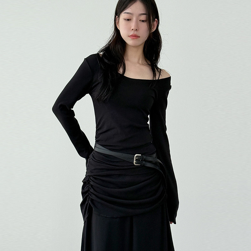 韩国代购25F/W round neck shirring tee 设计师款修身长袖T恤女