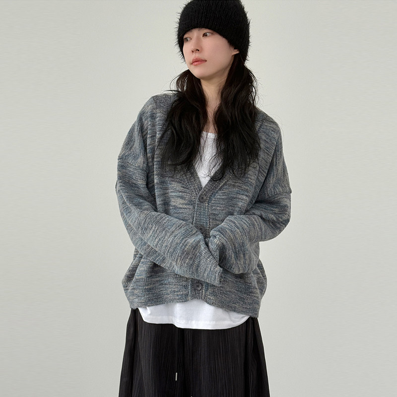 韩国代购25F/W mixed color knit cardigan 设计师长袖针织开衫
