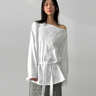 open shoulder belted 韩国代购 tee露肩系带长袖 cotton T恤 25F