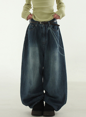 韩国代购24 chain stud deep blue wide jean 复古腰链印花牛仔裤
