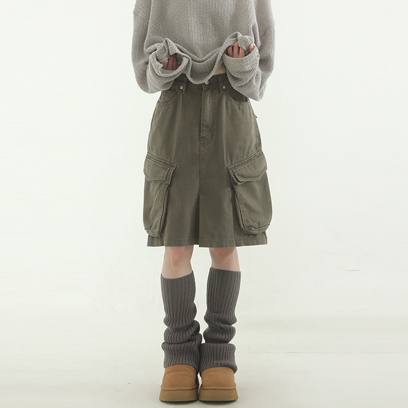 国内现货24 khaki cargo pocket cotton midi skirt 卡其绿工装裙