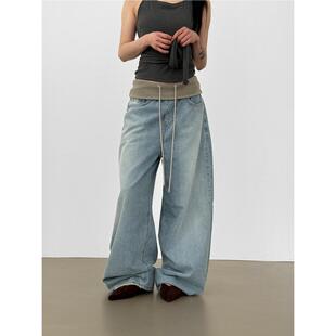 韩国代购26 foldable light blue jean 设计师抽绳水洗牛仔裤女