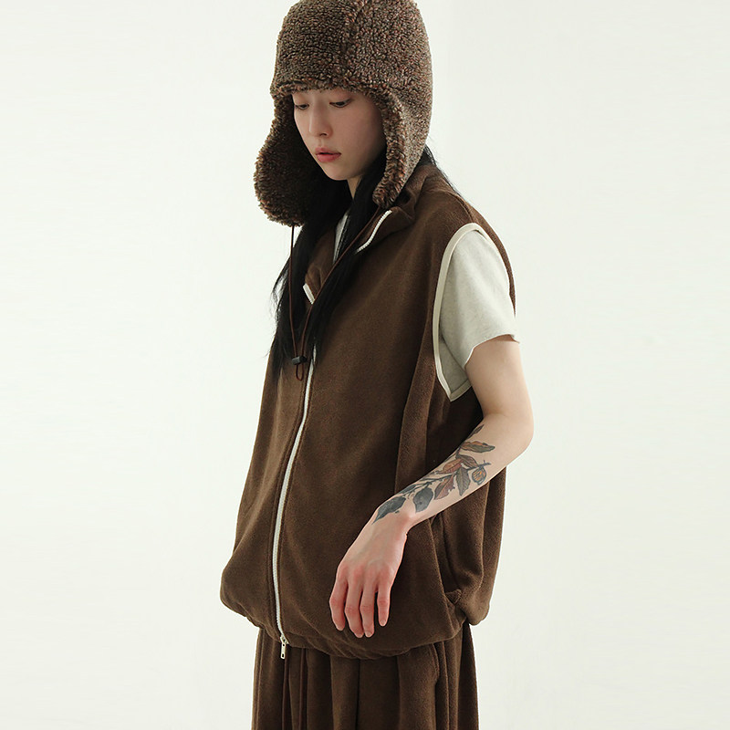 韩国代购24F/W fleece zip-up set 设计师款摇粒绒马甲卫裤套装