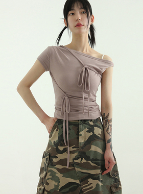 韩国代购24S/S double string unbalanced shoulder tee 系带短t