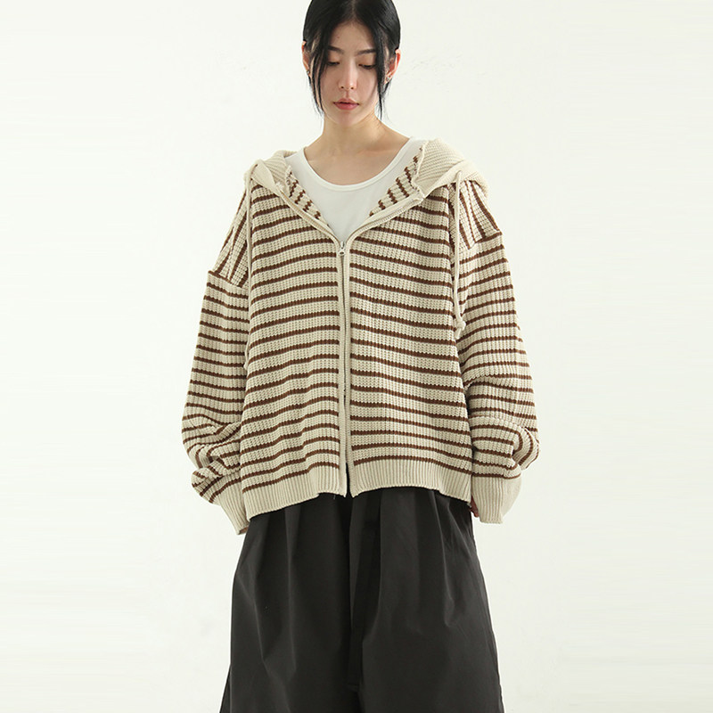 国内现货 hand warmer stripe hood zip-up(unisex)条纹针织帽衫