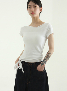 韩国代购25S/S silket strap wave half tee 设计师款系带短袖T恤